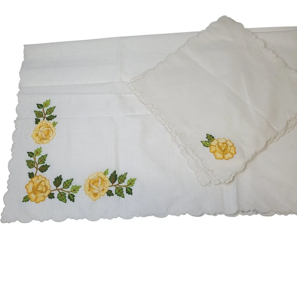 Embroidered Yellow Rose Linen Napkins Set 6 Scalloped Edge Vintage Decor‎ 34 in